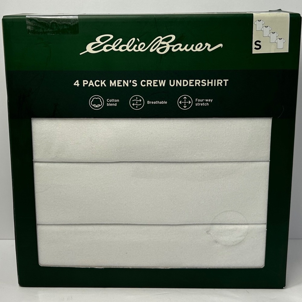 Eddie Bauer 4 Pack Mens Crew Undershirt White Cotton Blend Stretch Small New